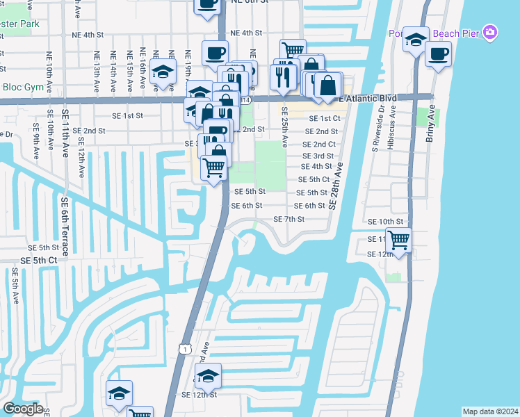 map of restaurants, bars, coffee shops, grocery stores, and more near 2395 Southeast 6th Street in Pompano Beach