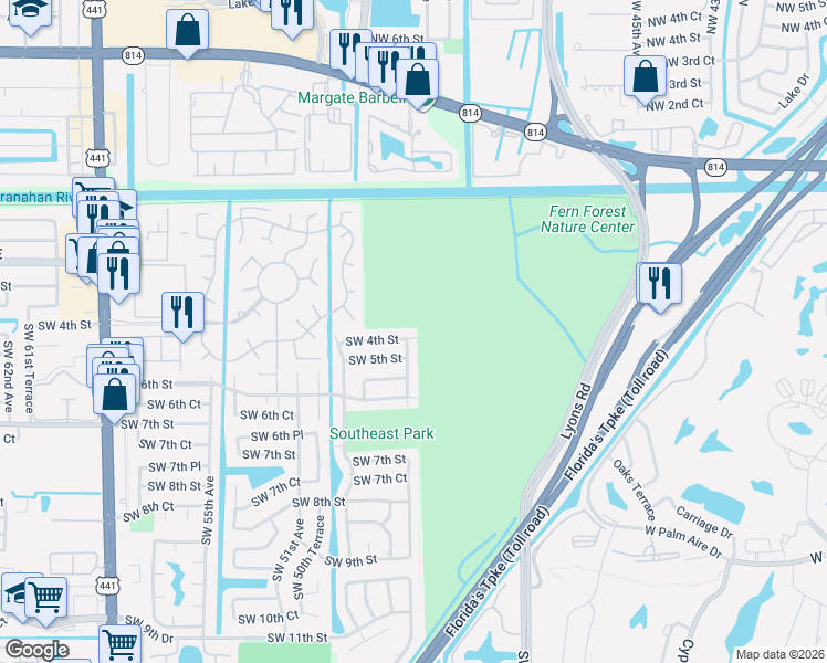 map of restaurants, bars, coffee shops, grocery stores, and more near 4955 Southwest 4th Street in Margate