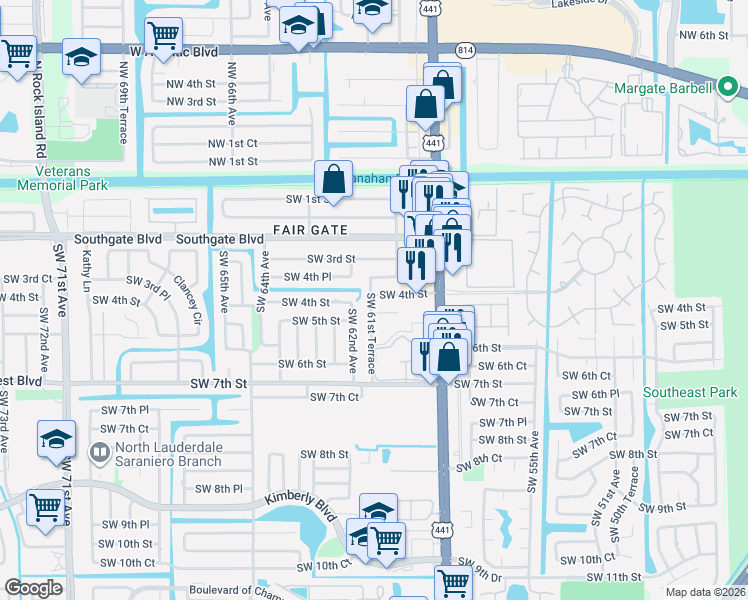 map of restaurants, bars, coffee shops, grocery stores, and more near 373 Southwest 61st Terrace in Margate