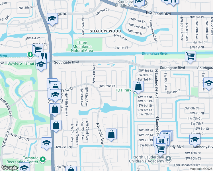 map of restaurants, bars, coffee shops, grocery stores, and more near 8211 Northwest 68th Terrace in Tamarac