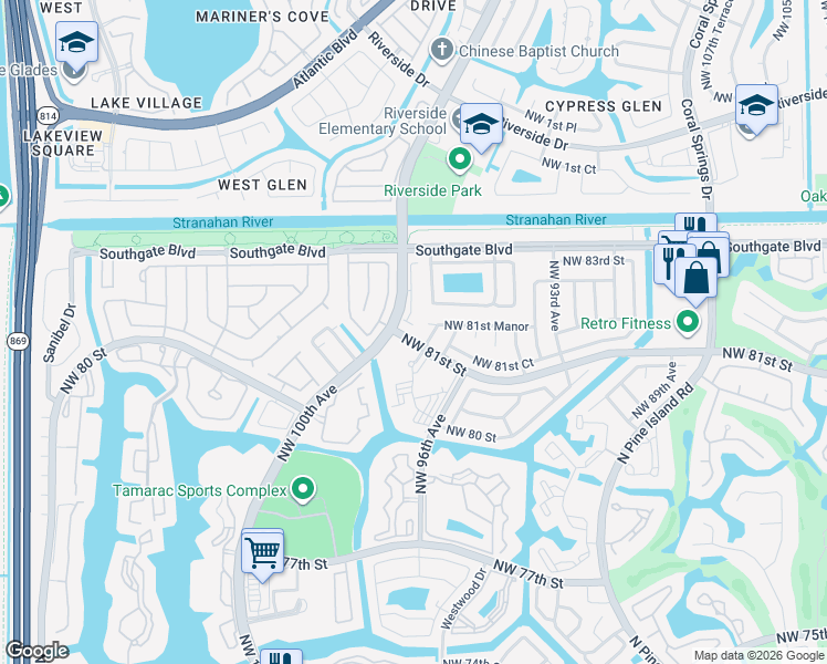 map of restaurants, bars, coffee shops, grocery stores, and more near 8110 Prestige Commons Drive in Tamarac