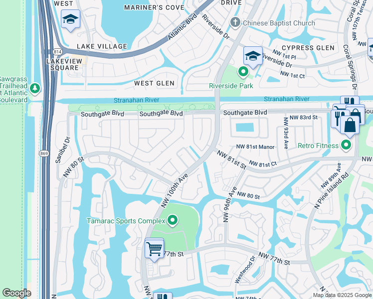 map of restaurants, bars, coffee shops, grocery stores, and more near 10137 South Nob Hill Circle in Tamarac