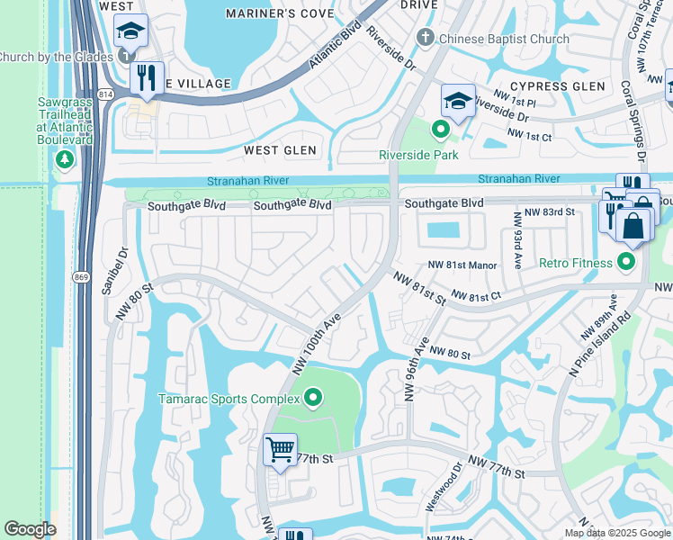 map of restaurants, bars, coffee shops, grocery stores, and more near 10137 South Nob Hill Circle in Tamarac