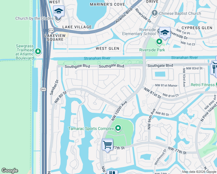 map of restaurants, bars, coffee shops, grocery stores, and more near 8007 Northwest 102nd Way in Tamarac