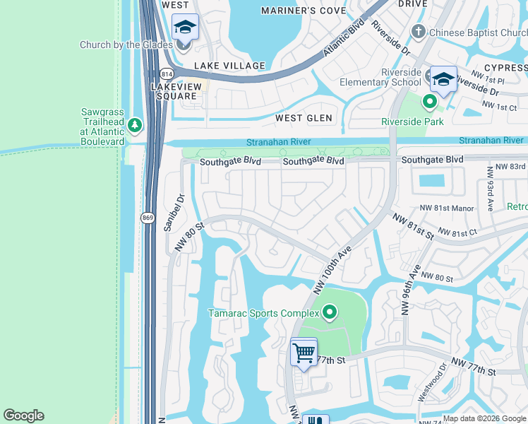 map of restaurants, bars, coffee shops, grocery stores, and more near 10303 Northwest 80th Drive in Tamarac