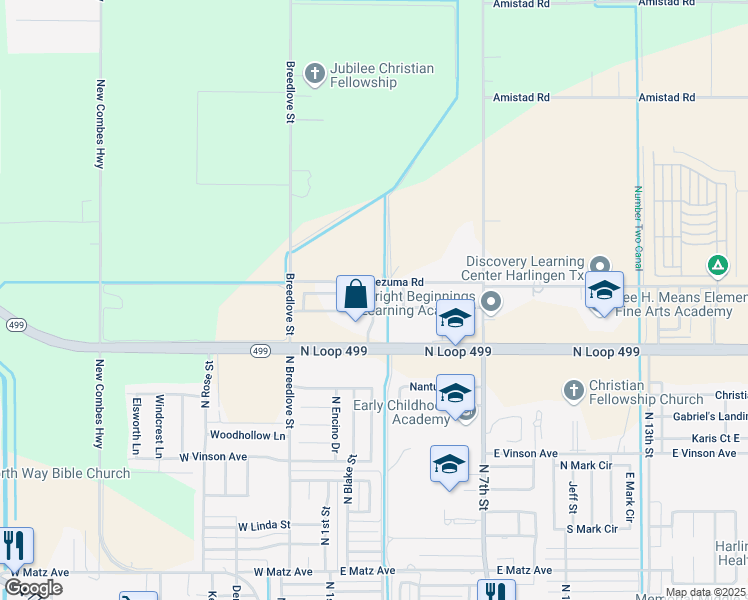 map of restaurants, bars, coffee shops, grocery stores, and more near 22937 Stone Creek Drive in Harlingen
