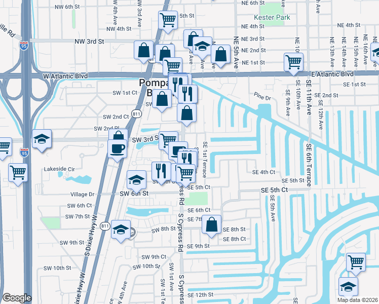map of restaurants, bars, coffee shops, grocery stores, and more near 341 Southeast 1st Avenue in Pompano Beach