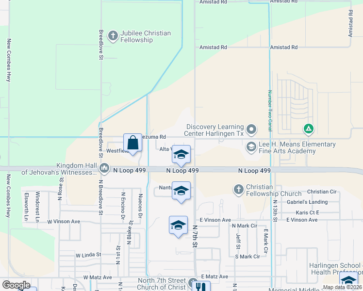 map of restaurants, bars, coffee shops, grocery stores, and more near 22954 Monte Vista Court in Harlingen