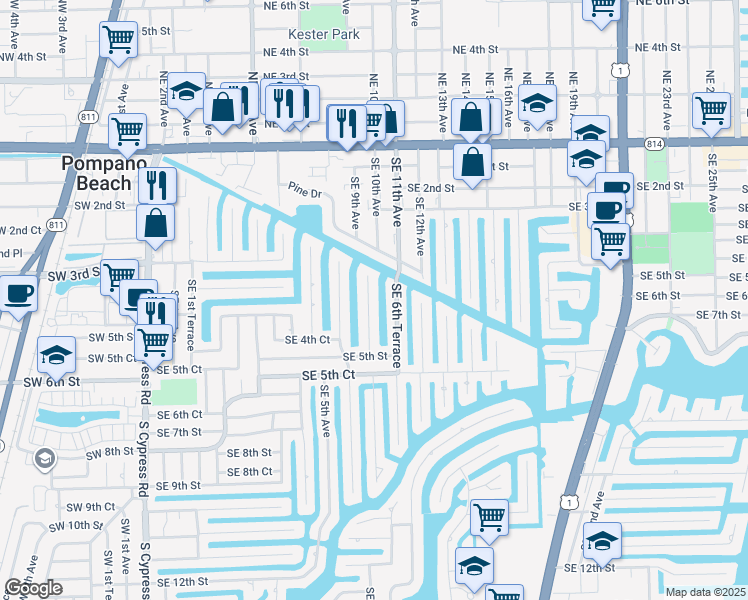 map of restaurants, bars, coffee shops, grocery stores, and more near 340 Southeast 6th Avenue in Pompano Beach