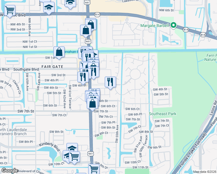 map of restaurants, bars, coffee shops, grocery stores, and more near 5521 Monte Carlo Place in Margate