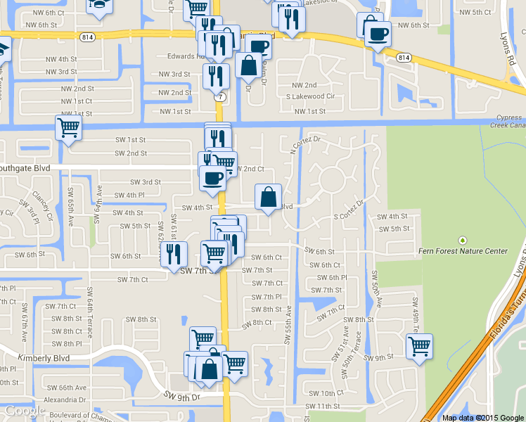 map of restaurants, bars, coffee shops, grocery stores, and more near 5521 Monte Carlo Place in Margate