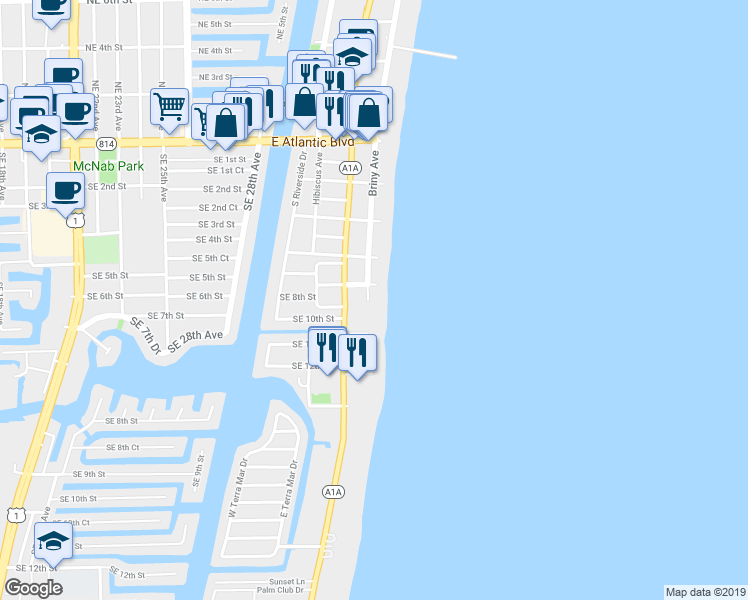 map of restaurants, bars, coffee shops, grocery stores, and more near 812 Briny Avenue in Pompano Beach
