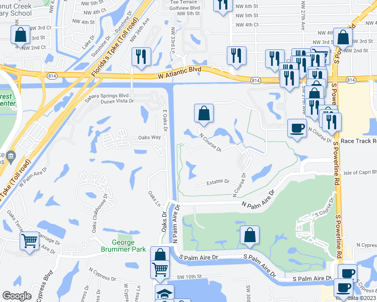 map of restaurants, bars, coffee shops, grocery stores, and more near 3201 North Course Lane in Pompano Beach