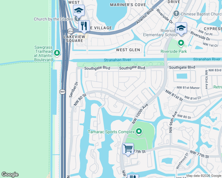 map of restaurants, bars, coffee shops, grocery stores, and more near 10303 Northwest 80th Drive in Tamarac