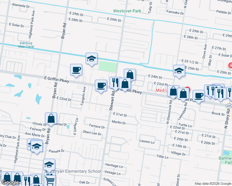 map of restaurants, bars, coffee shops, grocery stores, and more near 1600 East Griffin Parkway in Mission