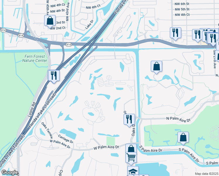 map of restaurants, bars, coffee shops, grocery stores, and more near 3520 Oaks Way in Pompano Beach