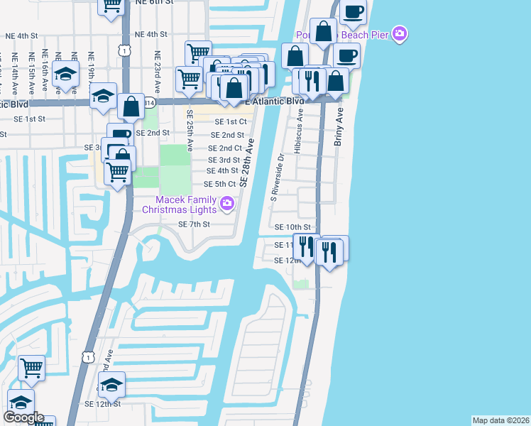 map of restaurants, bars, coffee shops, grocery stores, and more near 3203 Southeast 8th Street in Pompano Beach