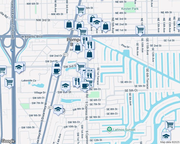 map of restaurants, bars, coffee shops, grocery stores, and more near 341 Southeast 1st Avenue in Pompano Beach