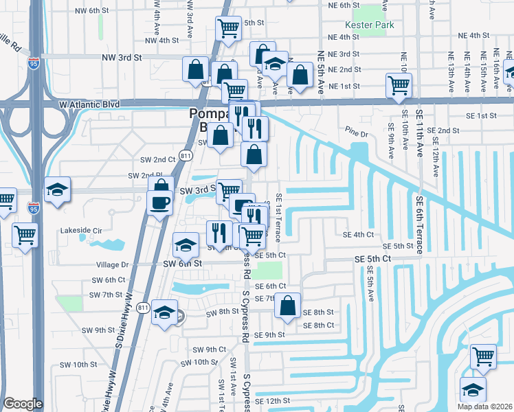 map of restaurants, bars, coffee shops, grocery stores, and more near 341 Southeast 1st Avenue in Pompano Beach