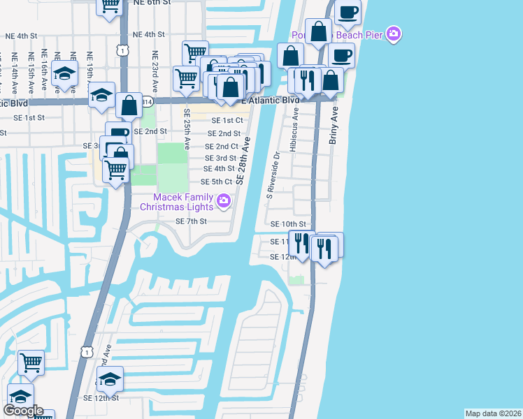 map of restaurants, bars, coffee shops, grocery stores, and more near 3203 Southeast 8th Street in Pompano Beach