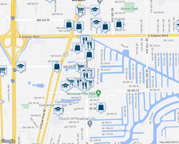 map of restaurants, bars, coffee shops, grocery stores, and more near 341 Southeast 1st Avenue in Pompano Beach