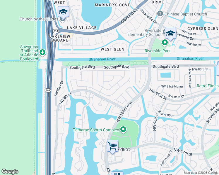 map of restaurants, bars, coffee shops, grocery stores, and more near 8007 Northwest 102nd Way in Tamarac