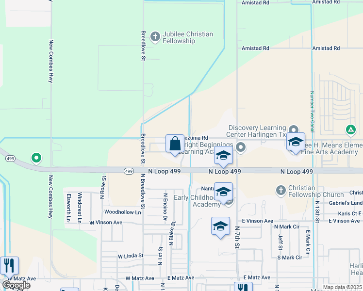 map of restaurants, bars, coffee shops, grocery stores, and more near 22937 Stone Creek Drive in Harlingen