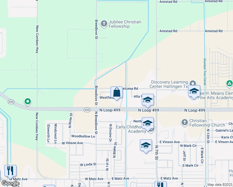 map of restaurants, bars, coffee shops, grocery stores, and more near 20461 Oak Hollow Lane in Harlingen