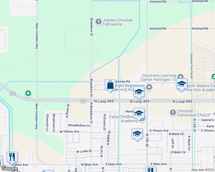 map of restaurants, bars, coffee shops, grocery stores, and more near 20461 Oak Hollow Lane in Harlingen
