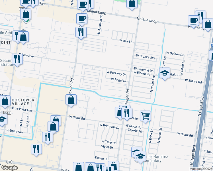 map of restaurants, bars, coffee shops, grocery stores, and more near 1015 West Regal Drive in Pharr