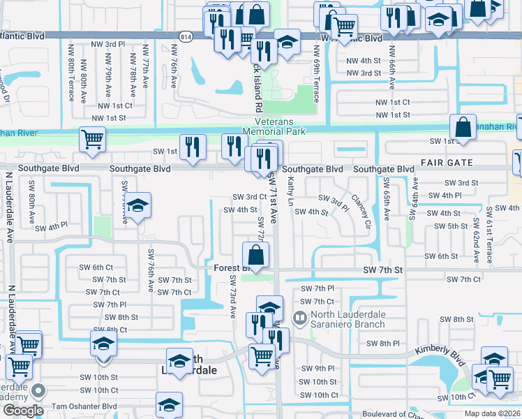 map of restaurants, bars, coffee shops, grocery stores, and more near 304 Southwest 72nd Avenue in North Lauderdale