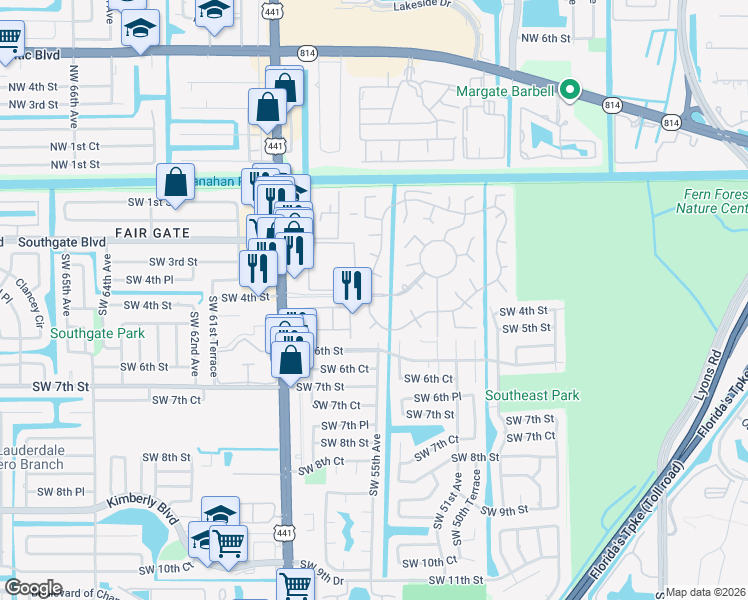 map of restaurants, bars, coffee shops, grocery stores, and more near 431 South Cortez Drive in Margate