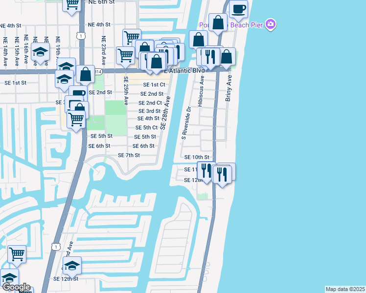 map of restaurants, bars, coffee shops, grocery stores, and more near 3203 Southeast 8th Street in Pompano Beach