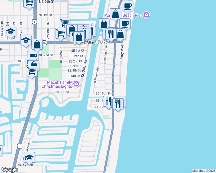 map of restaurants, bars, coffee shops, grocery stores, and more near 3251 Southeast 8th Street in Pompano Beach