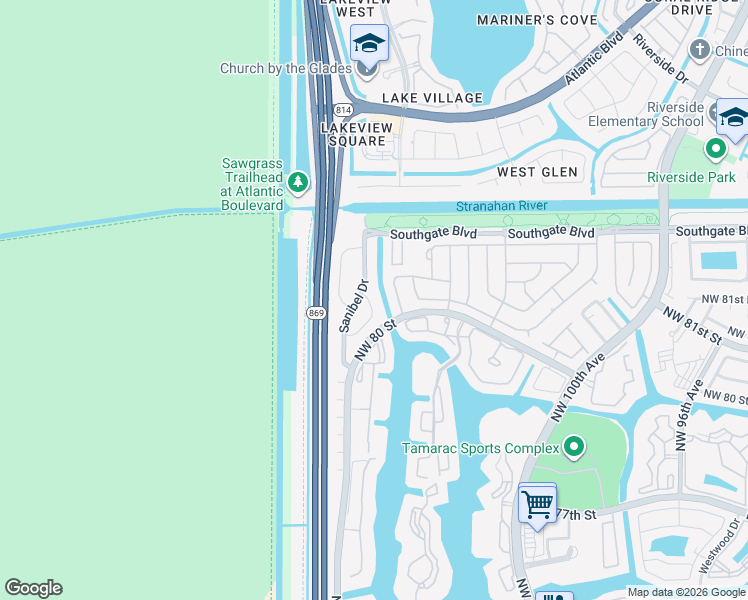 map of restaurants, bars, coffee shops, grocery stores, and more near 8009 Northwest 108th Avenue in Tamarac