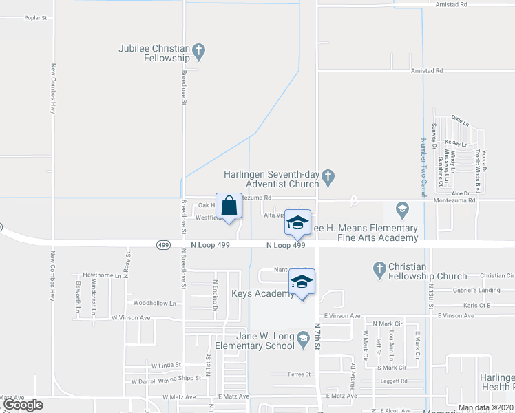 map of restaurants, bars, coffee shops, grocery stores, and more near 22937 Stone Creek Drive in Harlingen