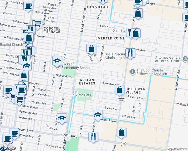 map of restaurants, bars, coffee shops, grocery stores, and more near 115e East Whitewing Avenue in McAllen
