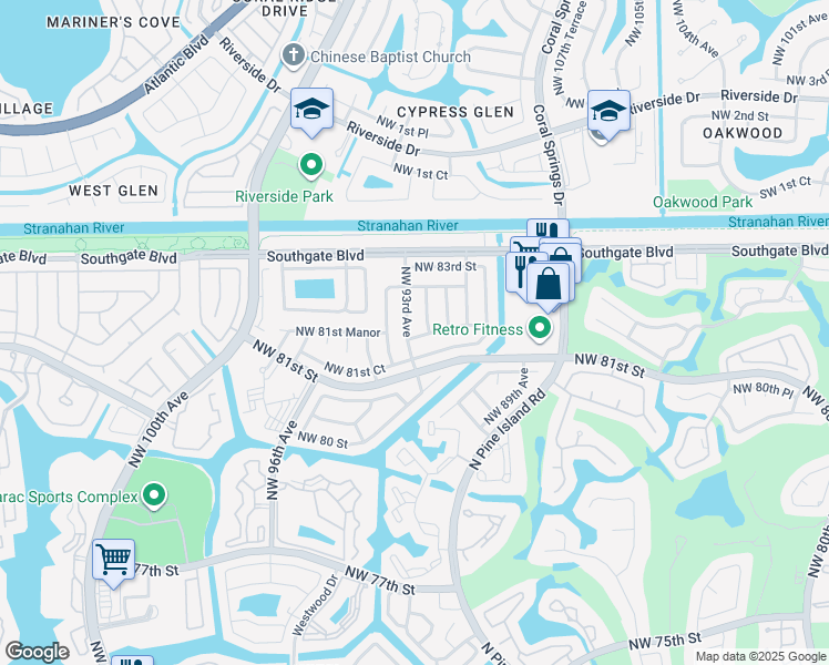 map of restaurants, bars, coffee shops, grocery stores, and more near 8110 Northwest 93rd Avenue in Tamarac