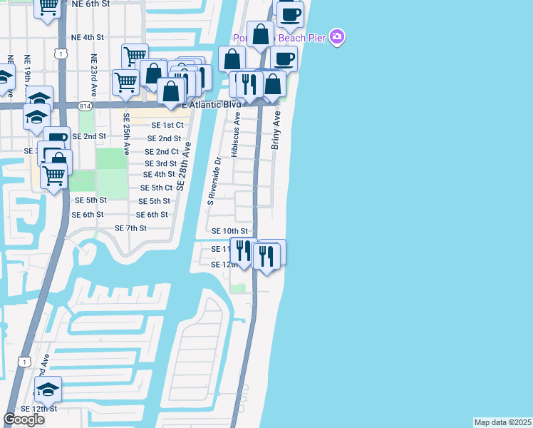 map of restaurants, bars, coffee shops, grocery stores, and more near 801 Briny Avenue in Pompano Beach
