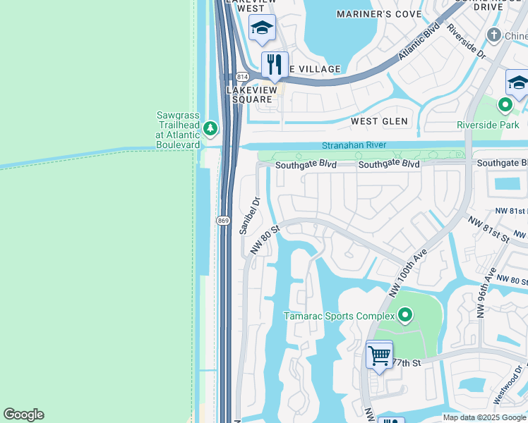 map of restaurants, bars, coffee shops, grocery stores, and more near 8009 Northwest 108th Avenue in Tamarac