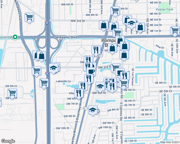 map of restaurants, bars, coffee shops, grocery stores, and more near 401 South Dixie Highway in Pompano Beach