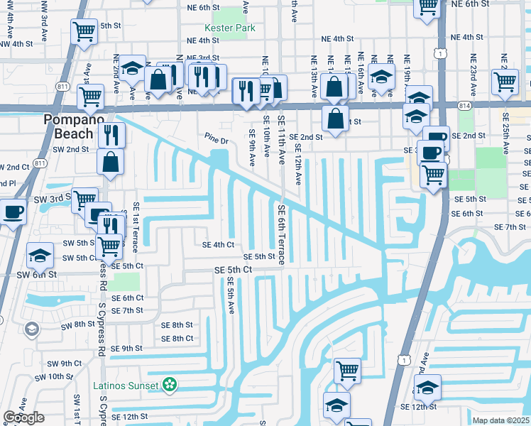 map of restaurants, bars, coffee shops, grocery stores, and more near 340 Southeast 6th Avenue in Pompano Beach