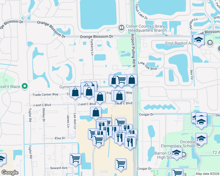 map of restaurants, bars, coffee shops, grocery stores, and more near 2349 Trade Center Way in Naples