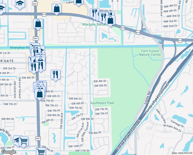 map of restaurants, bars, coffee shops, grocery stores, and more near 110 South Cortez Drive in Margate
