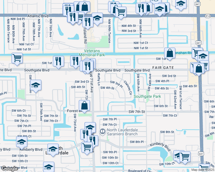 map of restaurants, bars, coffee shops, grocery stores, and more near 6885 Curry Circle in Margate