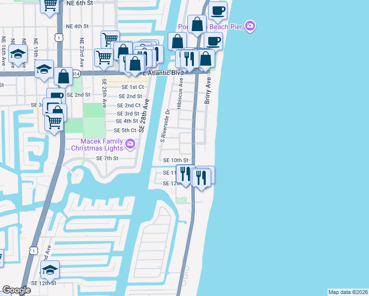 map of restaurants, bars, coffee shops, grocery stores, and more near 3251 Southeast 8th Street in Pompano Beach