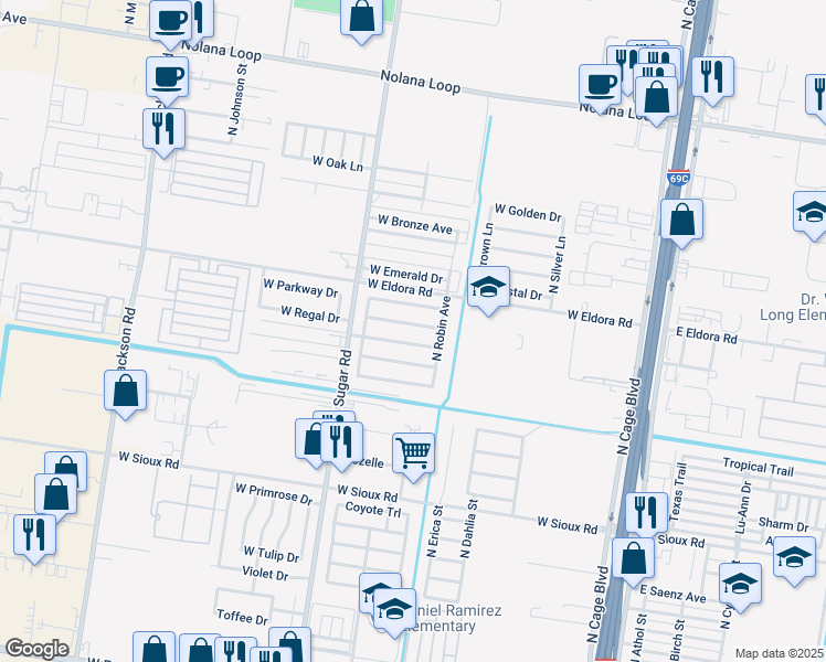 map of restaurants, bars, coffee shops, grocery stores, and more near 715 West Chickadee Avenue in Pharr