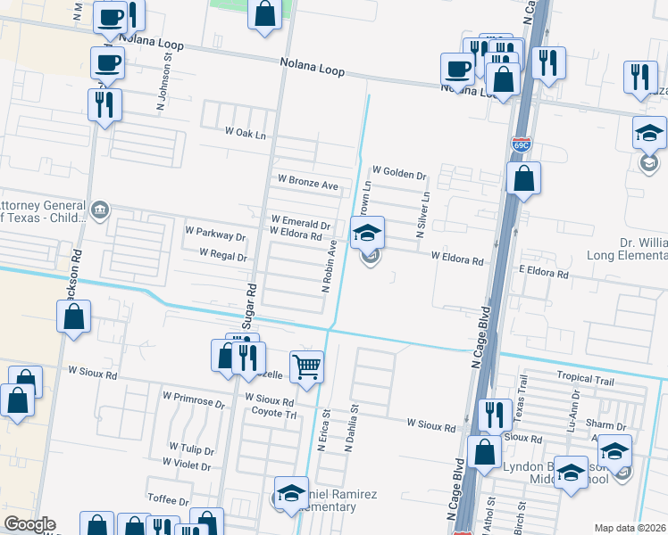 map of restaurants, bars, coffee shops, grocery stores, and more near 3506 North Robin Avenue in Pharr