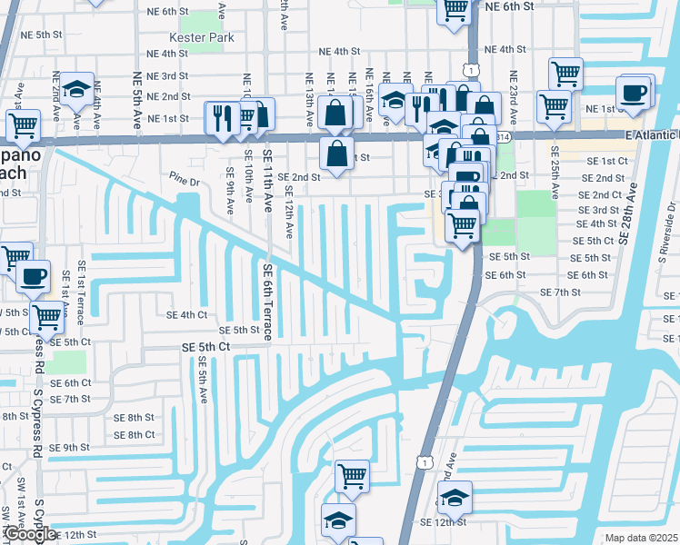 map of restaurants, bars, coffee shops, grocery stores, and more near 450 Southeast 14th Avenue in Pompano Beach