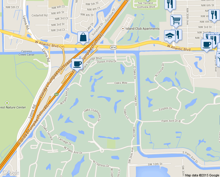 map of restaurants, bars, coffee shops, grocery stores, and more near 3520 Oaks Way in Pompano Beach